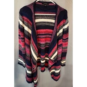 Atmosphere Women Large Stripe Waterfall Open Front Cardigan Navy Red Pink